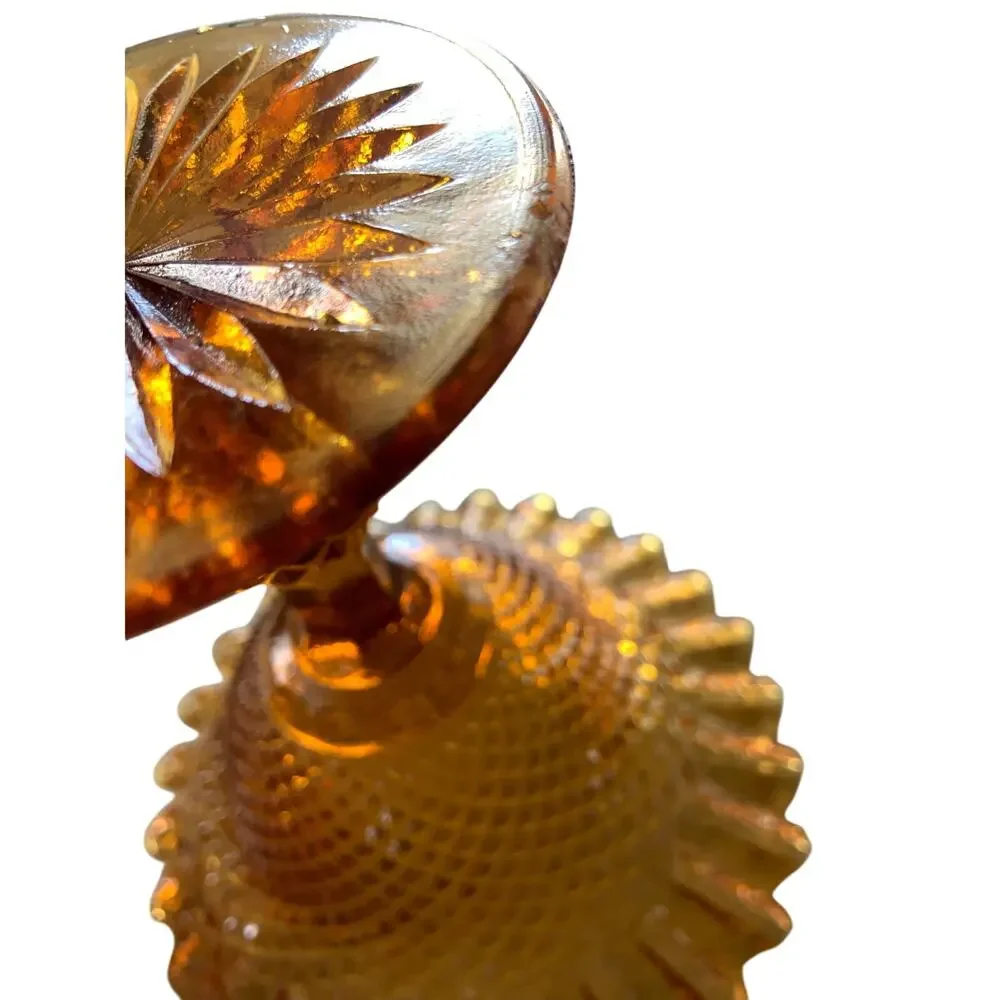 Vintage Amber Glass Ruffle Diamond Pattern Compote Stemmed Candy Dish